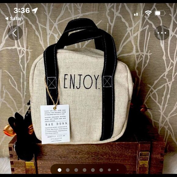RAE DUNN INSULATED CANVAS LUNCH TOTE cooler bag EnJOy linen 8 x 8 tan black - Picture 1 of 7